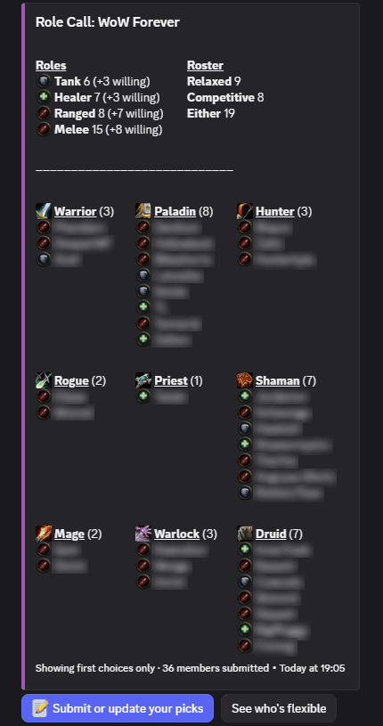 The Role Call board in Discord. Role and roster counts are at the top. Below them, each class lists the members who selected it, with a tank, healer or DPS icon.